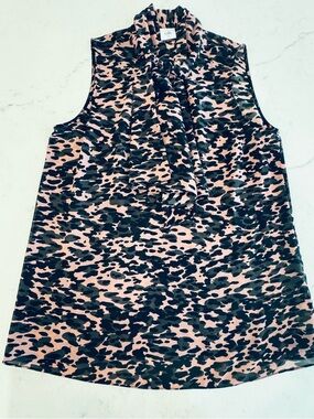 CAbi Pink and Black Sleeveless Tie-Neck Blouse
